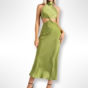 NEW! Satin Halter Mock Neck Cutout Midi Dress with Back Tie (S, M & L Sizes)